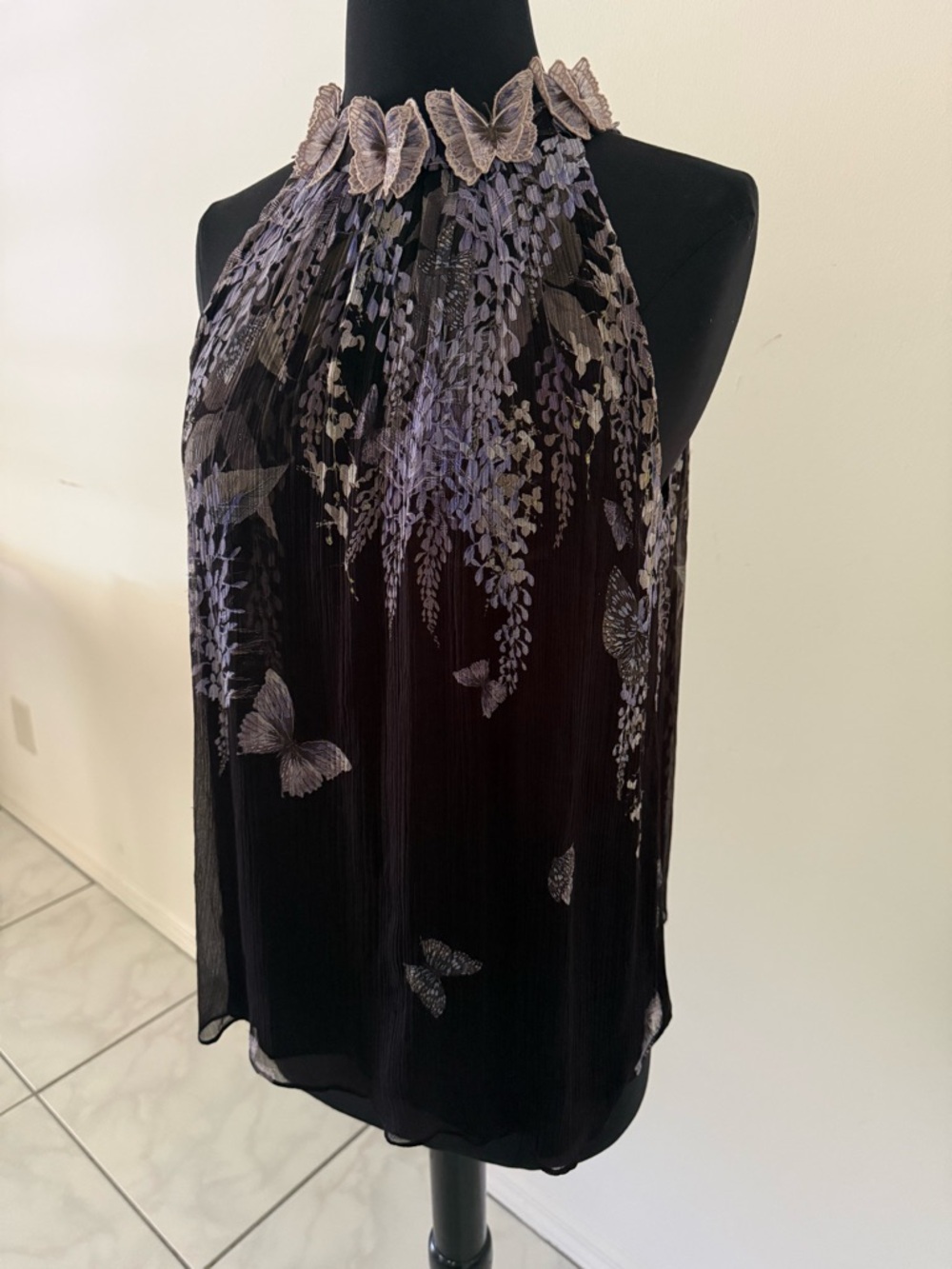 ZIMMERMANN Botanica Black Lavender Tea Silk Top with Butterfly Appliqués $425 - Picture 4 of 16
